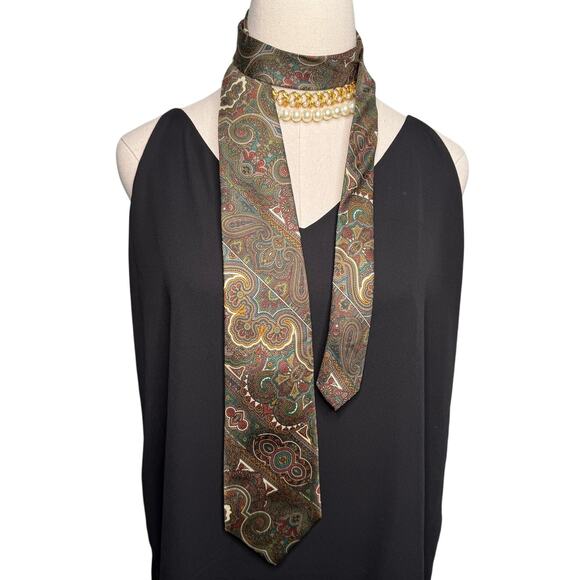 Vintage Oleg Cassini 100% silk classic paisley tie olive teal green gold 3.75" w - Picture 2 of 5